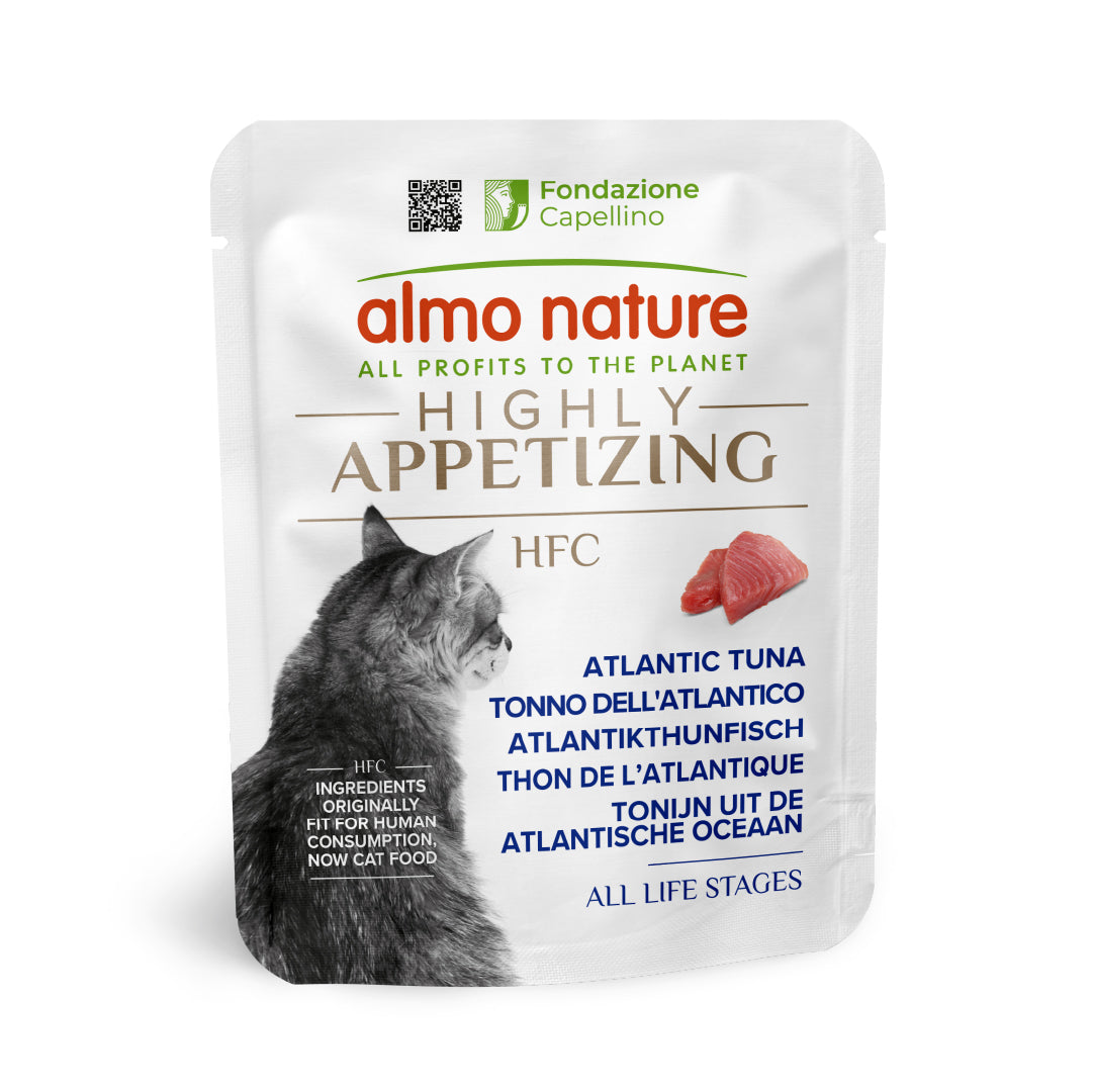 Almo Nature Highly Appetizing gatto adulto tonno 50g, busta bianca con grafica premium e logo Fondazione Capellino Almo Nature Highly Appetizing gatto adulto tonno 50g, busta bianca con grafica premium e logo Fondazione Capellino